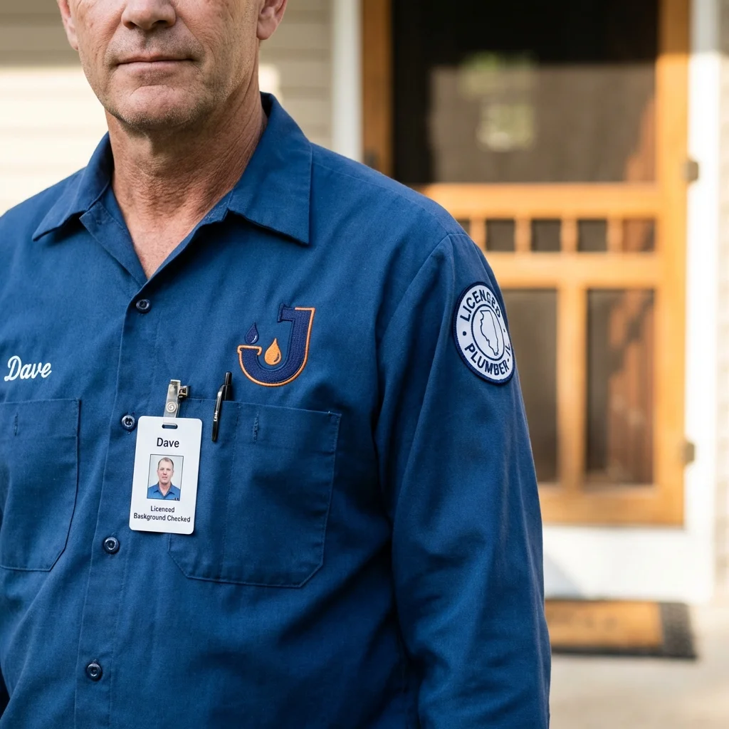 Licensed plumber showing ID badge in Fayetteville, AR