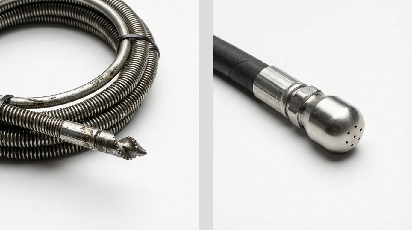Drain snake cable and hydro jetting nozzle used for drain cleaning in Fayetteville, AR
