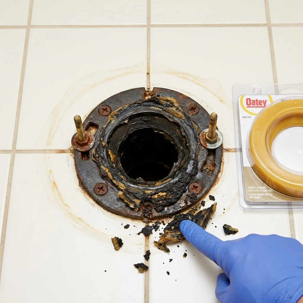 Failed wax ring showing water seepage at the base of a toilet in a Fayetteville, AR home