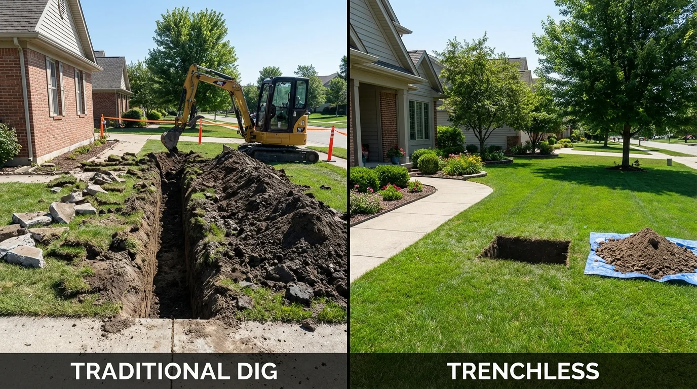 Trenchless sewer repair with minimal yard damage versus traditional excavation in Fayetteville, AR