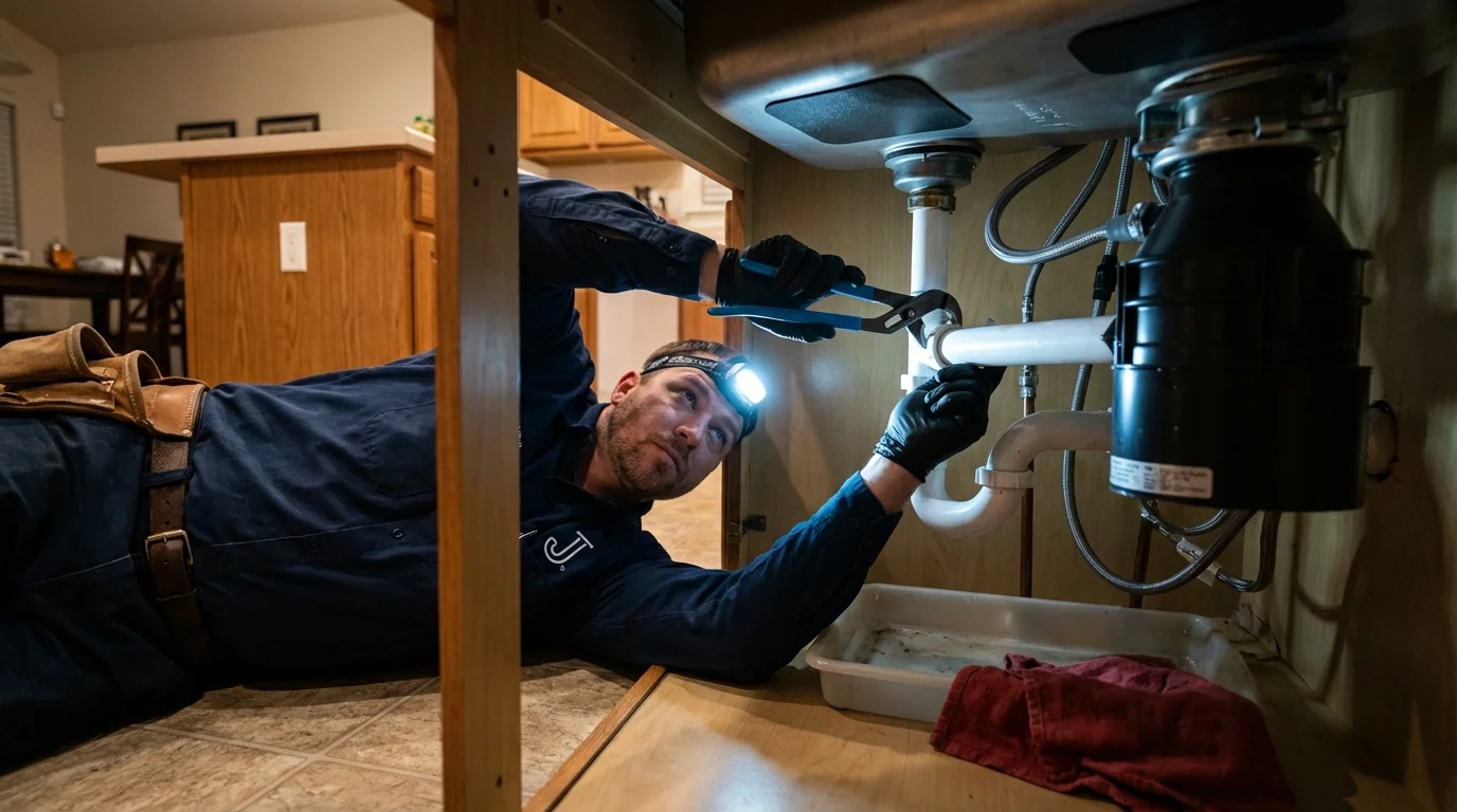 P-trap and supply line connections under a kitchen sink showing a common leak point in Fayetteville, AR